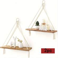 2pcs Woven Wall Hanging Boho Decor, 2-Tier Rustic Wood Floating Storage Shelves For Bedroom, Bathroom, Living Room, Nursery, Dorm, Display Plants & Photos Room Decor