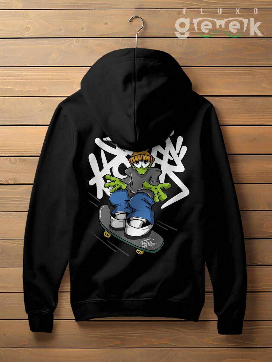 Alien And Skate Streetwear Sweatshirt With Oversized Print, Premium Cotton, CANGURU 2555 GEEK FLUX - 黑色 - 查看 1