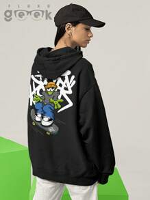 Alien And Skate Streetwear Sweatshirt With Oversized Print, Premium Cotton, CANGURU 2555 GEEK FLUX - 黑色 - 查看 7