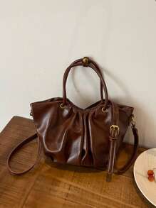 1 件 BEIKAMU PU 纯色复古褶皱挎包，蓬松云朵造型，秋冬新款个性化工作休闲斜挎包 - 咖啡棕 - 查看 2