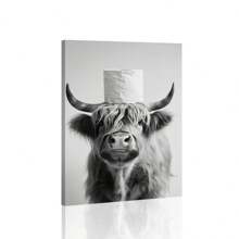 1 件，帆布悬挂海报，实木框架画，高地牛印花浴室墙壁艺术现代农舍装饰礼物，有趣的浴室标志，适合他动物印花卫生纸浴室墙壁装饰