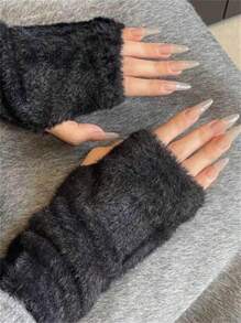 1 双女士优雅柔软毛绒半指手套，保暖袖口内衬，露出手指，适合秋冬季 - A - 查看 10