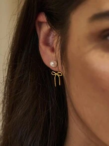 1 对仿珍珠蝴蝶结耳环女式蝴蝶结耳钉铜 14k 镀金时尚潮流耳环 - 彩色 - 查看 2