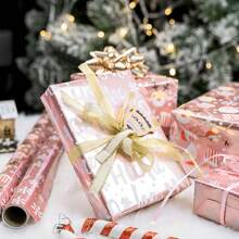 亮粉色雪花圣诞礼品包装纸，带有雪花和长颈鹿图案节日包装纸卷 - 节日礼品用纸，附带一卷 30 米麻绳 - 复古风格节日包装，适合所有盒子形状情人节 - 彩色 - 查看 6