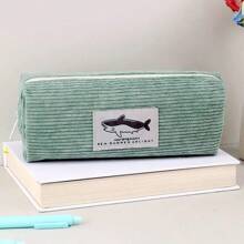 1 个大容量铅笔盒，带鲨鱼刺绣，灯芯绒材料，坚固拉链，适用于笔和文具，可清洗，多用途收纳袋 - 彩色 - 查看 14