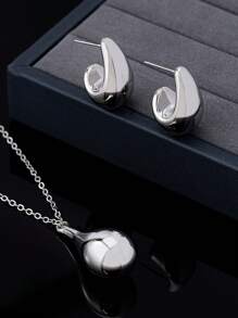 2pcs Women Fashion Minimalist Teardrop Pendant Necklace & Earrings Jewelry Set, Gift