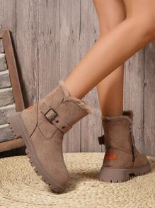 2025 Autumn/Winter New Fashionable Versatile Snow Boots, Fluffy Lining, Warm, Platform Design, Thickened Winter Shoes, Women Thick Sole Ankle Boots, Fashionable Side Zipper Fluffy Lining Boots, Comfortable Winter Short Boots - Khaki - View 6