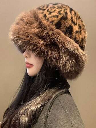Plush Fluffy Patchwork Leopard Pattern Bucket Hat, Fashionable & Versatile, Autumn/Winter Women