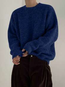 White Yueh 秋冬新款男士简约纯色休闲宽松圆领套头毛衣，圣诞节和新年穿搭，长袖上衣