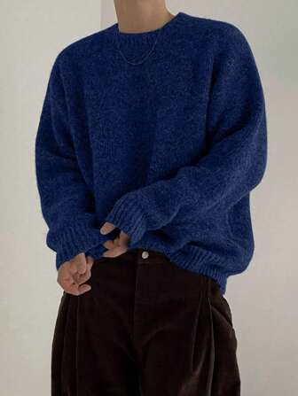 White Yueh Autumn/Winter New Men's Simple Solid Color Casual Loose Crew Neck Pullover Sweater, Christmas & New Year Outfit, Long Sleeve Top