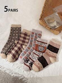 5 Pairs Men's Versatile Comfortable Retro Tiger Head Mid-Calf Socks, All Season - Multicolor - View 3