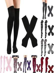 1 套 2 双条纹过膝袜和护臂，朋克风格套装 - 彩色 - 查看 1