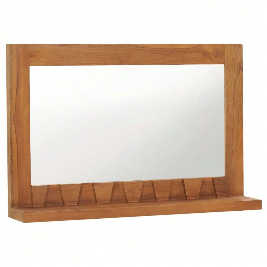Teak Wood Wall Mirror With Shelf 60x12x40 Cm Stylish Functional Home Decor - Brown - View 1