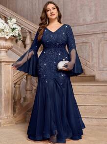 Plus V-Neck Floral Lace Sequin Insert Contrast Mesh Long Sleeve Mermaid Hem Evening Party Maxi Dress, Valentine's Day Dress, Wedding Guest Dress, Prom Dress, For Birthday, Homecoming, Festivals - Navy Blue - View 6