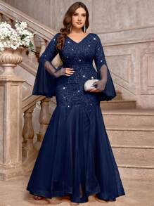 Plus V-Neck Floral Lace Sequin Insert Contrast Mesh Long Sleeve Mermaid Hem Evening Party Maxi Dress, Valentine's Day Dress, Wedding Guest Dress, Prom Dress, For Birthday, Homecoming, Festivals - Navy Blue - View 5