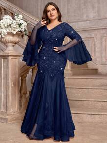 Plus V-Neck Floral Lace Sequin Insert Contrast Mesh Long Sleeve Mermaid Hem Evening Party Maxi Dress, Valentine's Day Dress, Wedding Guest Dress, Prom Dress, For Birthday, Homecoming, Festivals - Navy Blue - View 8