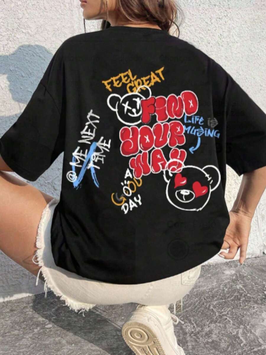 Women's T-Shirt Drop Shoulder Streetwear Farse Bear T-Shirt Blogger Shirt Style - 黑色 - 查看 1