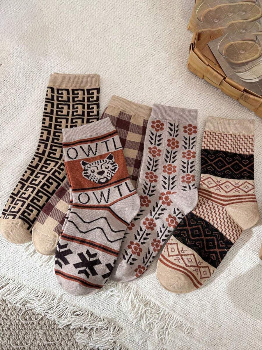 5 Pairs Men's Versatile Comfortable Retro Tiger Head Mid-Calf Socks, All Season - Multicolor - View 1