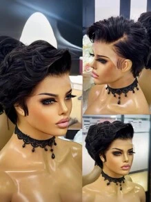 1B Natural Black Pixie Short Human Hair Wig, 13*4*1 T-Part Lace Front Wig, Glueless Lace Front Wig With Natural Hairline, Short Human Hair Wig For Women, Black Short Lace Front Wig With Side Bangs - Black - View 4