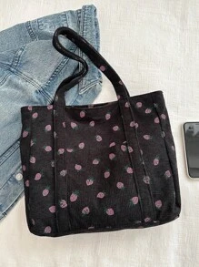 Túi Tote Vải Nhung In Đa Năng, Túi Xách Vải Canvas Đeo Vai Hình Quả Dâu Tây Dung Tích Lớn Mới 2024, Túi Tote Cho Ngày Trở Lại Trường Học - màu đen - Xem 7