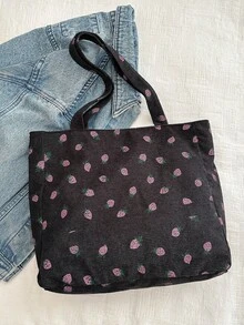 Túi Tote Vải Nhung In Đa Năng, Túi Xách Vải Canvas Đeo Vai Hình Quả Dâu Tây Dung Tích Lớn Mới 2024, Túi Tote Cho Ngày Trở Lại Trường Học - màu đen - Xem 8