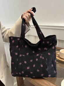 Túi Tote Vải Nhung In Đa Năng, Túi Xách Vải Canvas Đeo Vai Hình Quả Dâu Tây Dung Tích Lớn Mới 2024, Túi Tote Cho Ngày Trở Lại Trường Học - màu đen - Xem 3
