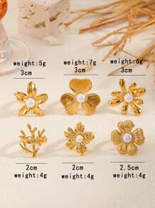 1 件夸张不锈钢金色金属花朵装饰开口鸡尾酒戒指女士 - 金色 - 查看 9