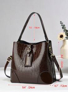 Large Capacity Embossed Casual Bucket Bag For Women, 3 Pockets, Minimalist Shoulder & Crossbody Bag, Fashionable, Versatile - Brown - View 5