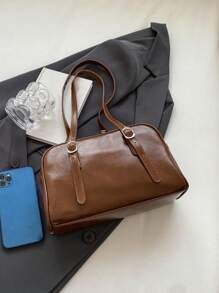 时尚简约单肩包，油光油皮女士手提包 - 棕色 - 查看 6