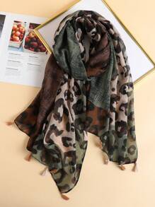 1pc Women Leopard Patchwork Print Fringe Scarf, Suitable For All Seasons - Multicolor - View 1