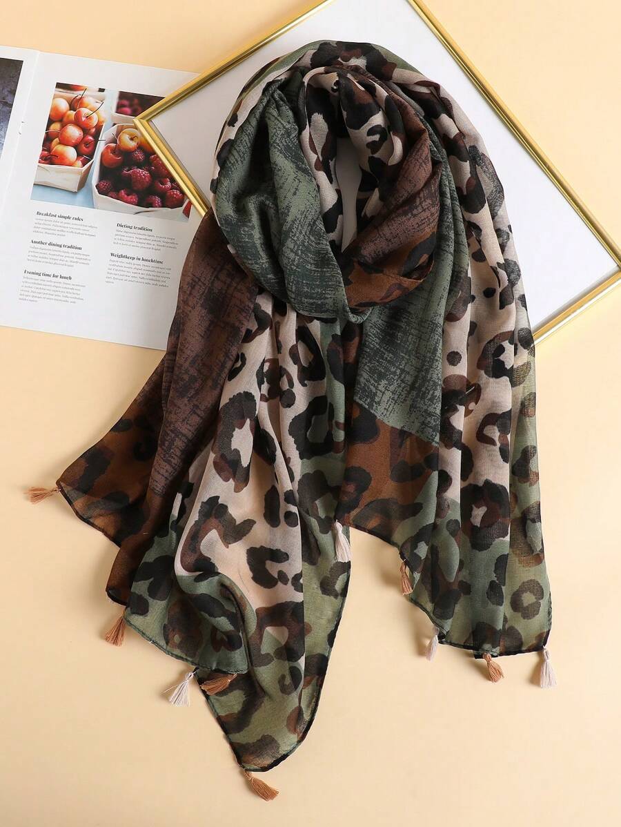 1pc Women Leopard Patchwork Print Fringe Scarf, Suitable For All Seasons - Multicolor - View 1