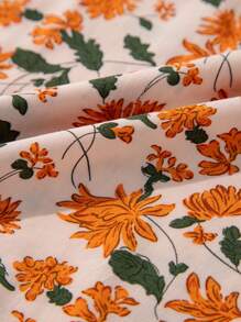 CILKOO 米色花卉深 V 领褶饰胸围泡泡袖荷叶边娃娃装度假连衣裙，带口袋 - 米色 - 查看 11