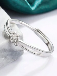 Bộ 2 chiếc nhẫn xoắn bằng đồng và bạc thời trang tối giản đính đá Zirconia, Phụ kiện trang sức cho cặp đôi/hàng ngày/tiệc tùng - Bạc - Xem 4