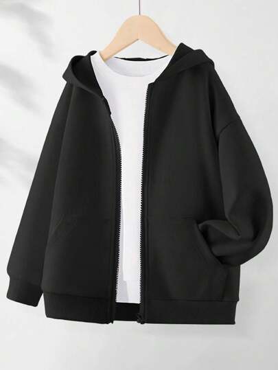 Tween Girls Medium And Large Children's Hooded Zipper Sweatshirt With Pockets, Autumn And Winter, Simple Style Nice