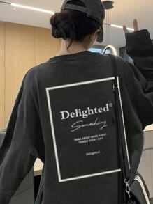 Women Letter Print Round Neck Casual Cute Loose Fit Long Sleeve T-Shirt Top, Autumn/Winter - Dark Grey - View 2
