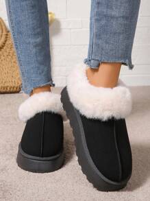 2024 秋冬新款厚底保暖女士雪地靴，时尚百搭一脚蹬面包鞋 - 黑色 - 查看 2