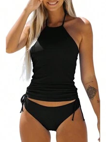 Two Piece Tankini Swimsuits For Women Tummy Control Bathing Suits Halter Swim Top With Shorts - 黑色 - 查看 1
