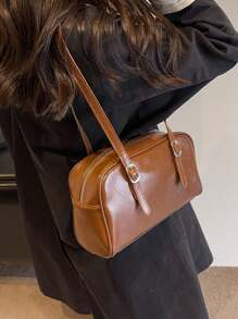 时尚简约单肩包，油光油皮女士手提包 - 棕色 - 查看 3