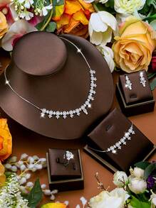 DV JEWELRY 5 件奢华镀铂金人造锆石项链、手链、耳环、开口戒指首饰套装、女士优雅首饰套装、母亲节/周年纪念/派对礼物（带盒） - 銀色 - 查看 1