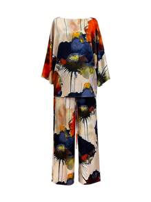 Women's Round Neck Random Print Top And Wide Leg Pants Casual 2 Pieces Set, Spring/Summer - Multicolor - View 2