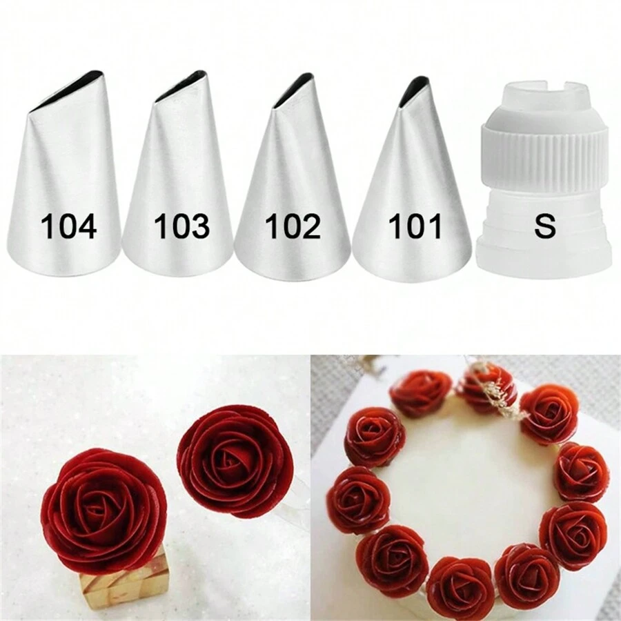 5 Stücke/Set Spritztüllen zum Erstellen von Rosenblüten-Formen, dekorative Zuckerguss-Tülle, Backwerkzeuge und Kochutensilien - Silber - Übersicht 1