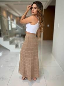 Women's Lace Midi Skirt With Crochet Knit Lining Summer Beach Fashion Bloqueira - 沙 - 查看 2