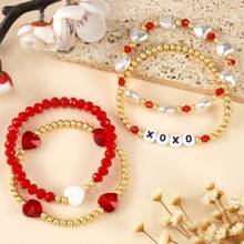 4 件套女士金属珠、红水晶、珍珠、贝壳手链套装 - 时尚奢华风格，适合叠戴，是送给她、情人节、新年的完美礼物 - 彩色 - 查看 4