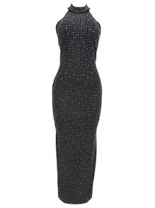 1pc Solid Color Turtleneck Sleeveless Backless Rhinestone Embellished Bodycon Dress - Black - View 5