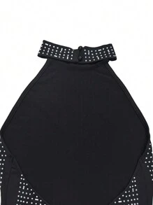 1pc Solid Color Turtleneck Sleeveless Backless Rhinestone Embellished Bodycon Dress - Black - View 6