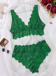 大码女士花卉蕾丝边内衣套装 - 綠色 - 查看 8