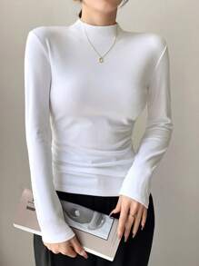 Women's Fall And Winter Stand Collar Long Sleeve Top Skin-Friendly Solid Color Inner T-Shirt Innerwear T-Shirt, Slim Versatile High Cold Goddess Elegant Thin Section Of The Undershirt Comfy, Can Be Worn Outside The Casual And Elegant Noble Inner Tops - White - View 2