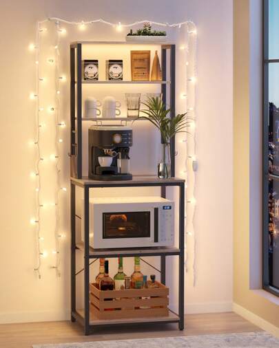 VASAGLE Kitchen Storage Rack, Coffee Bar, Baker's Rack, Total 6 Shelves And 6 Hooks, For Microwave, Steel Frame, Industrial, Greige And Black