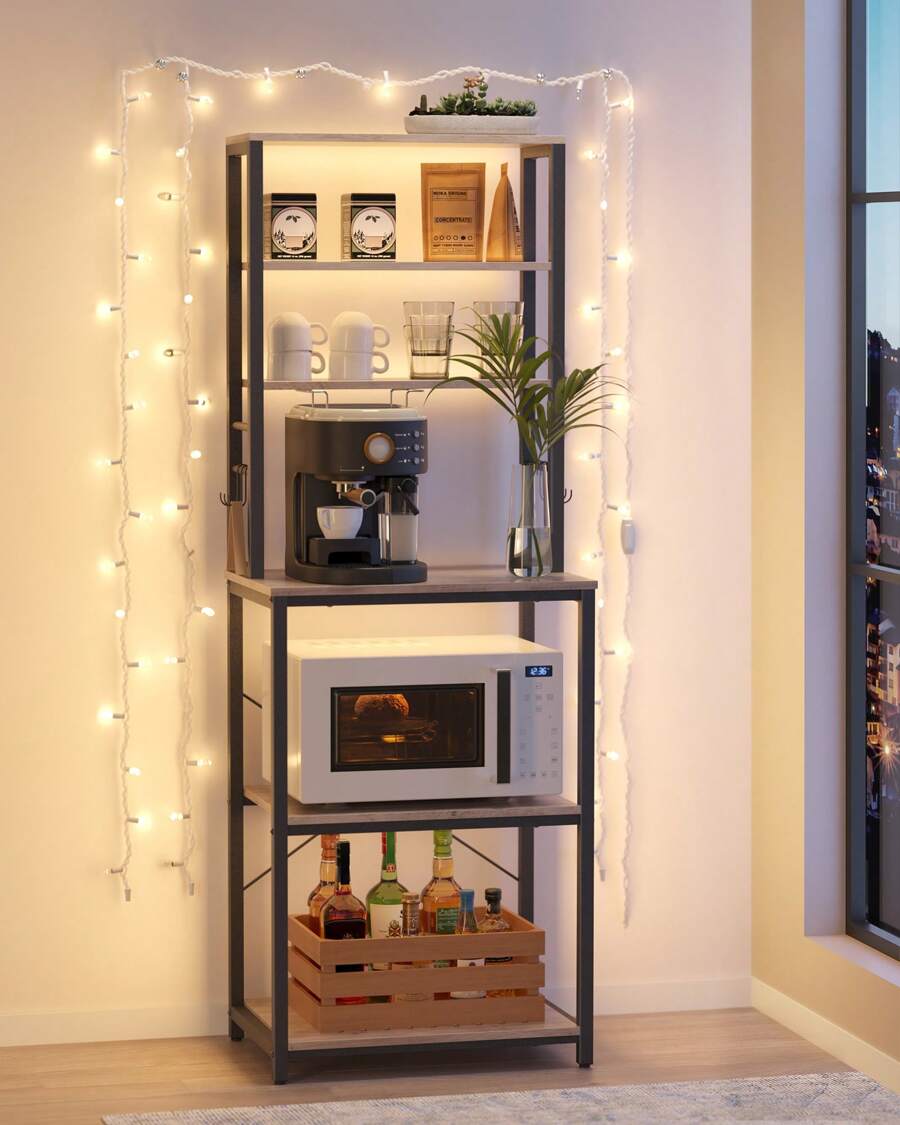 VASAGLE Kitchen Storage Rack, Coffee Bar, Baker's Rack, Total 6 Shelves And 6 Hooks, For Microwave, Steel Frame, Industrial, Greige And Black - Black - View 1