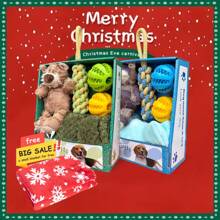 圣诞宠物娃娃套装包括圣诞系列毛毯、毛绒娃娃、自娱自乐声音玩具、厚实咀嚼玩具、绳索拼图玩具、不倒翁玩具、蓝绿组合吸水宠物毯 - 彩色 - 查看 2